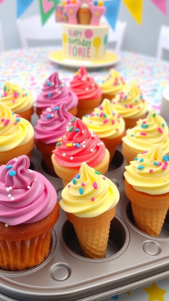 A tray of ice cream cone cupcakes with colorful frosting and sprinkles, set on a festive table.